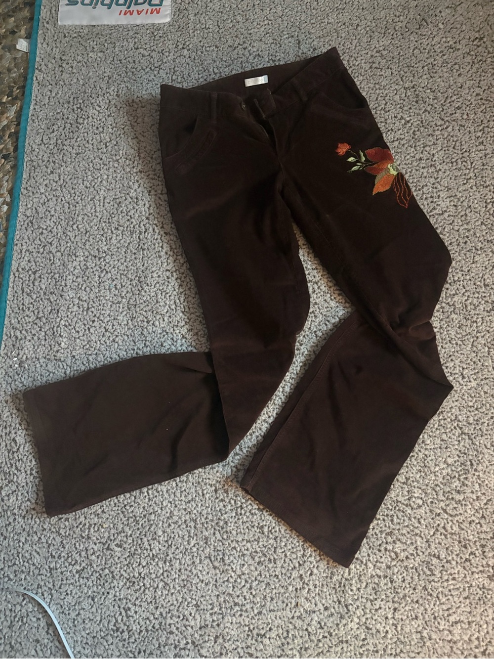 Promod Dark Brown Corduroy Flare Jeans with Floral Embroidery